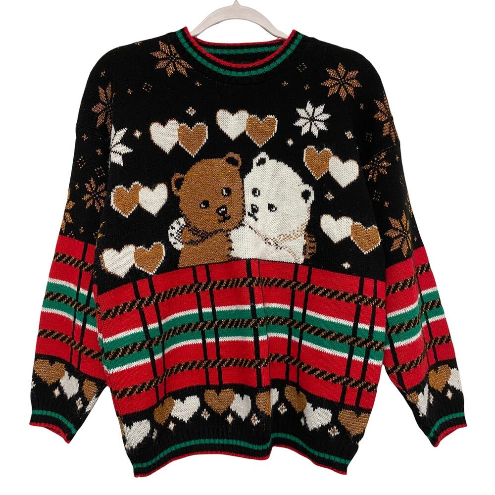 Vintage Womens Knit Bears Hugging Winter Plaid Tartan Kawaii Fairy Kei Sweater